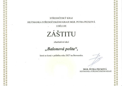 Listina o udělení záštity hejtmanky Středočeského kraje
